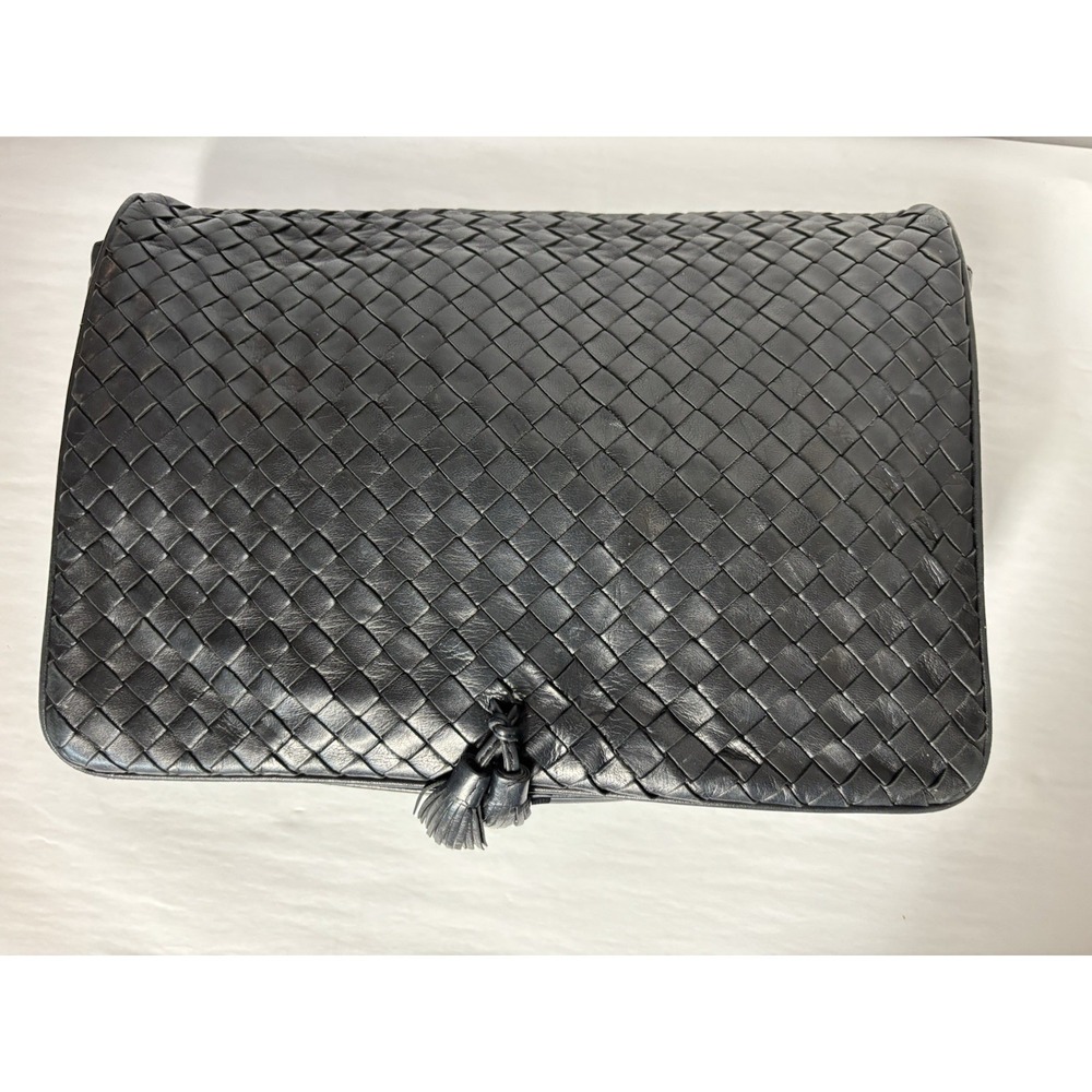 Vintage 80s  Bottega Veneta Intrecciato Folded Clutch Bag Black Woven Leather